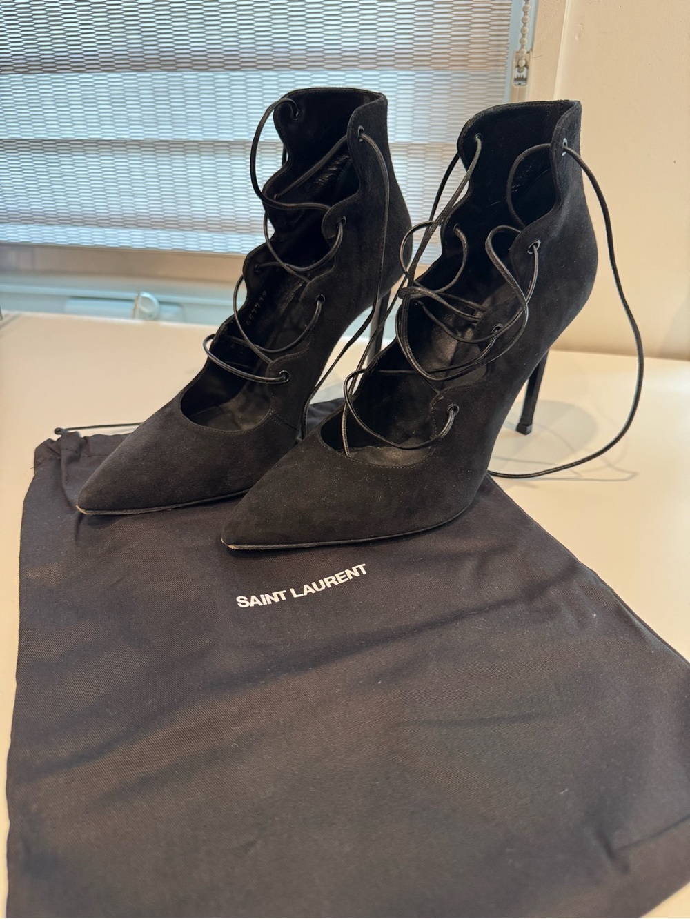 Saint Laurent Black Suede Lace-Up Pointed Toe Stiletto Heels size 37